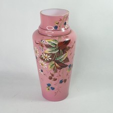 Antique Pink Opaline Milk Glass Vase Victorian Hand Painted Floral Design 