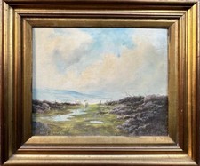 Lewis Creighton (British 1918-1996) : Sheep Wandering the Moors, oil on board