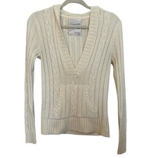 Aeropostale Juniors Y2K Cable Knit Hoodie Sweater Cream Deep V Preppy Retro Girl