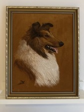 Mid century hand painted Lassie dog, velvet canvas acrylic 70s Art signed 