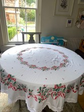 Large 70" VINTAGE 1980s Round Christmas Tablecloth Baubles Bow Garland Red Green