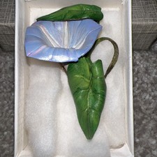 Vintage Blue Painted Leather Lily Flower Green Leaves Brooch