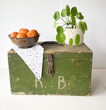 Antique Wooden Rustic Storage Chest, Green Blanket Box, Hand Crafted Small Trunk