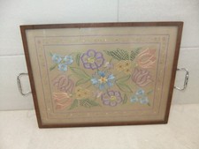 Vintage Wooden Wood & Glass Topped Tea Tray Hand Embroidered Flowers Floral
