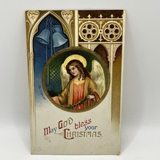 Vintage Postcard May God Bless Your Christmas Angel In Gold Circle Bells Posted