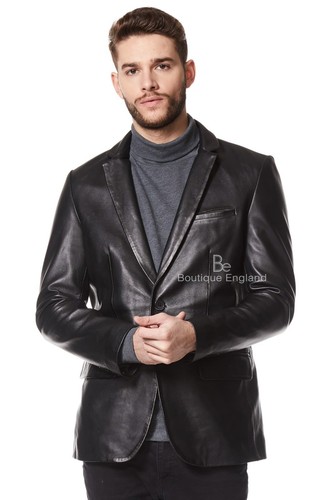 Men leather blazer - leather, black