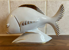 Hollohaza Fish Figurine White With Hand Painted Gold Detail