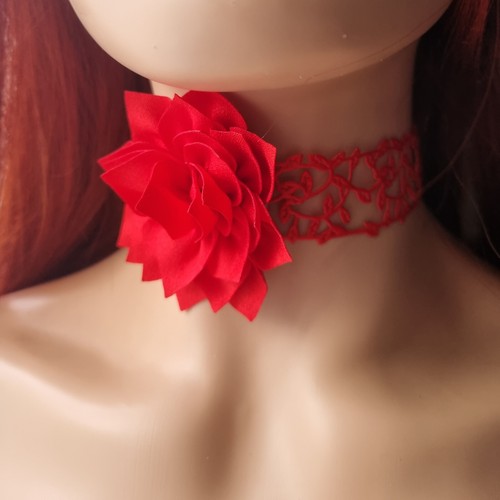 Red flower choker - red, necklace