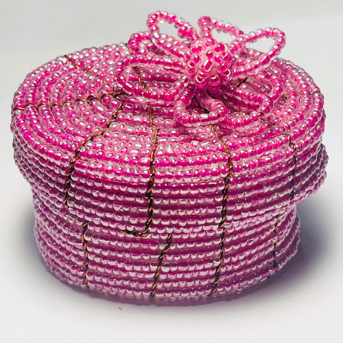 Pink beaded trinket box - pink, wire