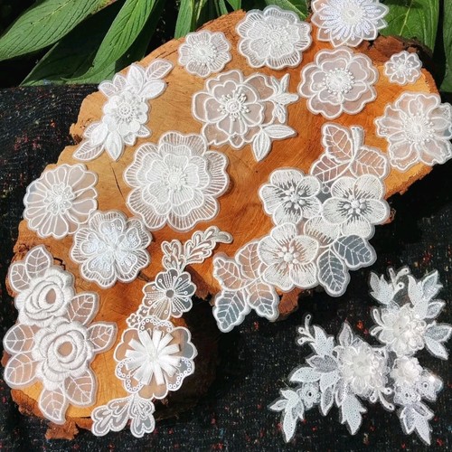 White flower applique patch - flower,