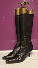 PRADA Black Leather Pointy Toe Boots, W/ Buckle Detail, 6.5cm Kitten Heel UK37