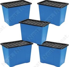 Plastic Storage Box 80L Blue 40cm W 60cm L 42cm H Black Lid Pack 5