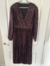 V by Very Satin Pleated Midi Dress Red Animal Print Brand New