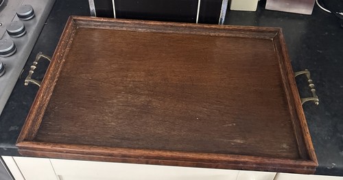 Vintage wooden tray with brass - vintage,
