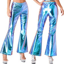 UK Womens Pants Shiny Flare Bodycon Elastic Waist Bell Bottoms Trousers Clubwear
