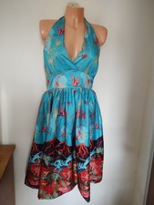 Lindy Bop Retro Vintage Dinosaur Volcano Print Halter Neck Dress Size 14