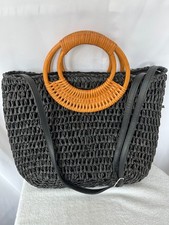 New Look Black Large Raffia Straw Shopper Bag, Handles & Cross Body Strap, Lined