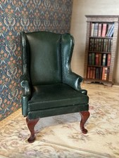 1:12 Escutcheon Miniatures Green Leather Armchair Wingback. Dolls House