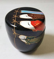 Japanese Tea Caddy Carp streamers (Koinobori) maki-e Natsume with box 019