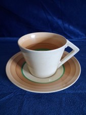 Clarice Cliff Art Deco Conical Tea Cup & Saucer cream,brown green stripes