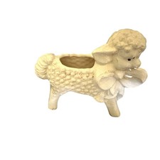 Vintage Large 7” McCoy Pottery Lamb Sheep Planter Vase with Bow Creamy White EUC