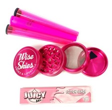 Wise Skies Rolling Paper Bundle Pink Cone Tubes Crusher Pink Holder