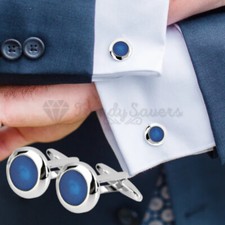 Stainless Steel Silver Plated Plain Cufflinks Round Blue Stone Cuff Link Jewelry