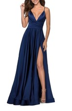 La Femme Satin Dress with Side Slit and V-Shaped Back in Navy Size 14 MSRP $408
