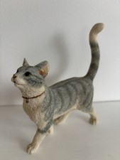 Grey Tabby Cat Ornament Figurine With White Front Collar with Bell So Realistic 