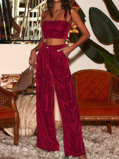 Velvet Flared Red Bootcut High Waist Wide Leg Trousers - Size 12/XL - BNNT