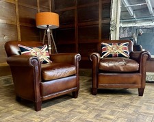 PAIR of SMALL LAURA ASHLEY BURLINGTON TAN ANTIQUE LEATHER CLUB CHAIR ARMCHAIRS