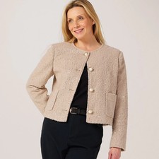 Helene Berman Soft Teddy Sequin Jacket Size 10 NEW with Pearl Button Beige Knit