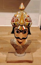 Vintage Indian Folk Art Carved Wooden Head Possibly Rajasthan - Hand Painted