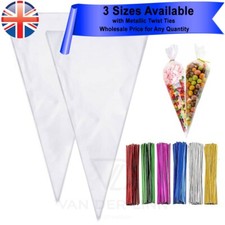 VDL 3 Size Cellophane Cone Bag CHOOSE Metallic TWIST TIE Party Sweet Cello Candy