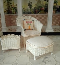 1:12th Dolls House Lloyd Loom Style Wicker Chair, Stool, Mag Rack Artisan Made