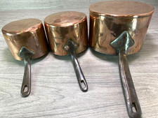 Classic Vintage French Copper Tin Lined 3 Pan Set With Metal Handles