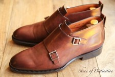 Santoni Brown Burnished Leather Double Monk Buckle Boots Shoes Men's UK 7.5