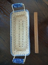 VTG Rattan Bread Tray With Blue Glazed Ceramic Carrying Handles, 34 x 15 x4cm