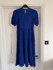 Zara Size M Cobalt Royal Blue Short Sleeve Tiered Midi Dress Frock Round Neck