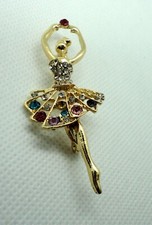 Ballerina Gold Tone Brooch Costume Jewellery with Bright Crystals Ballet Dance