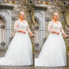 Plus Size Wedding Dresses V Neck Long Lace Sleeves A Line Elegangt Bridal Gowns