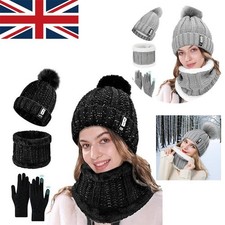 Womens Girls Thick Knit Hat Scarf and Touchscreen Gloves Set Knitted Winter Gift