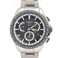 Seiko Men's Watch Astron Dual Time Solar Powered GPS Black Dial Stainless Steel 