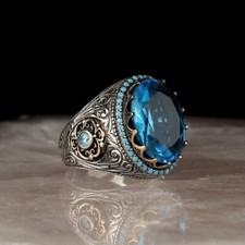 Handmade Pure 925 Silver man ring with Blue Crystal stone