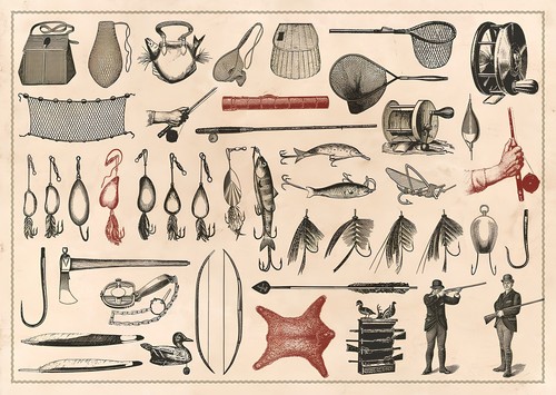 Vintage fishing tackle wall