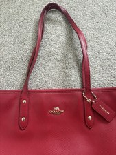 Red Gold Logo Coach Signature Gallery Shoulder Tote Bag Crossgrain Leather