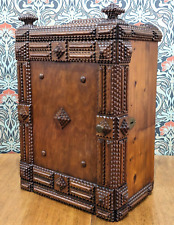 Large 19th Century Antique Chip Carved Tramp Folk Art Cabinet Chest Box 53cm