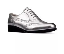 Clarks Ladies HAMBLE OAK Silver Metallic Leather Brogue Shoes UK 4 D EU 37.