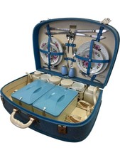Vintage Brexton Blue Picnic Set in Case Floral Plates Cutlery Mid Century