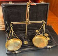 Vintage Portable Indian Brass Stamped Balance Scales Weights Velvet-Lined Case